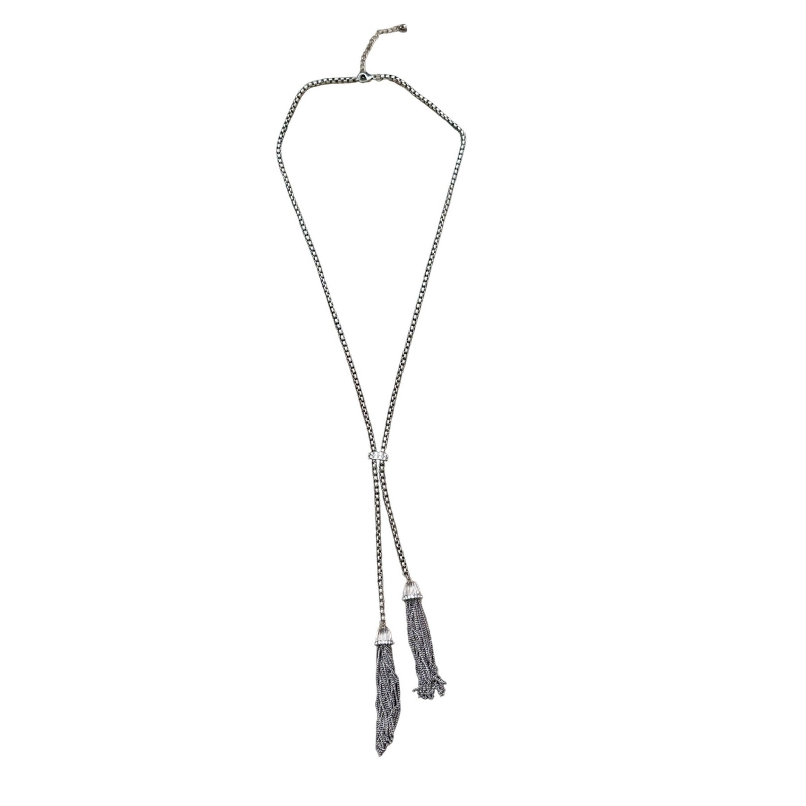 Silver Tone Box Chain Tassel Lariat Necklace Rhinestone Accents Adjustable
